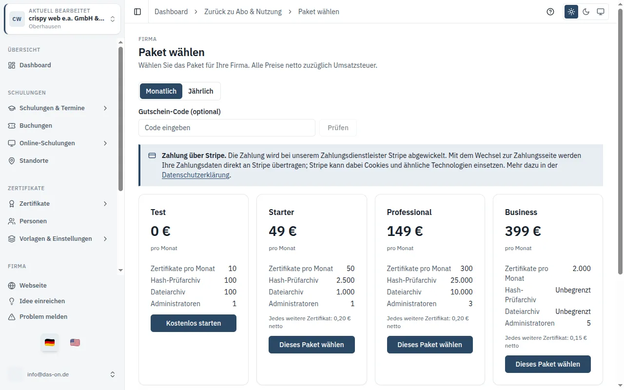 Bildschirmfoto zur Anleitung: Paket wählen, wechseln oder kündigen